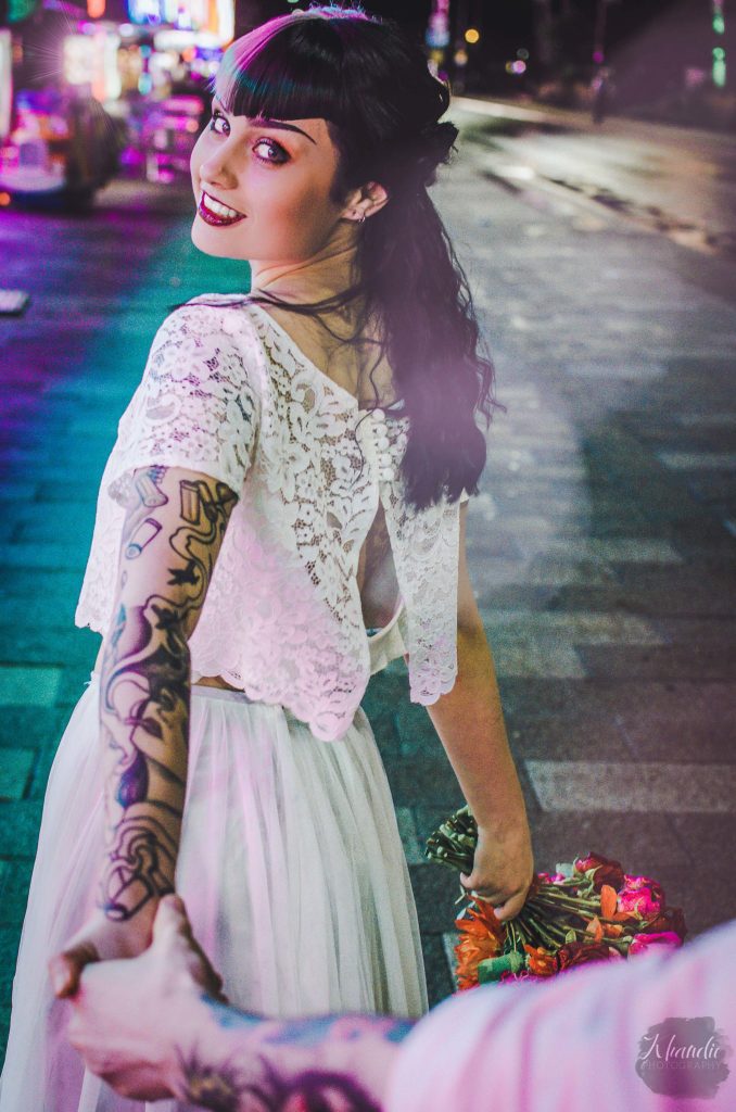 elopement, wedding, alt, photographer, tattooed, inked, model, bride, groom, night, bokeh, khandie, photographer, photography,